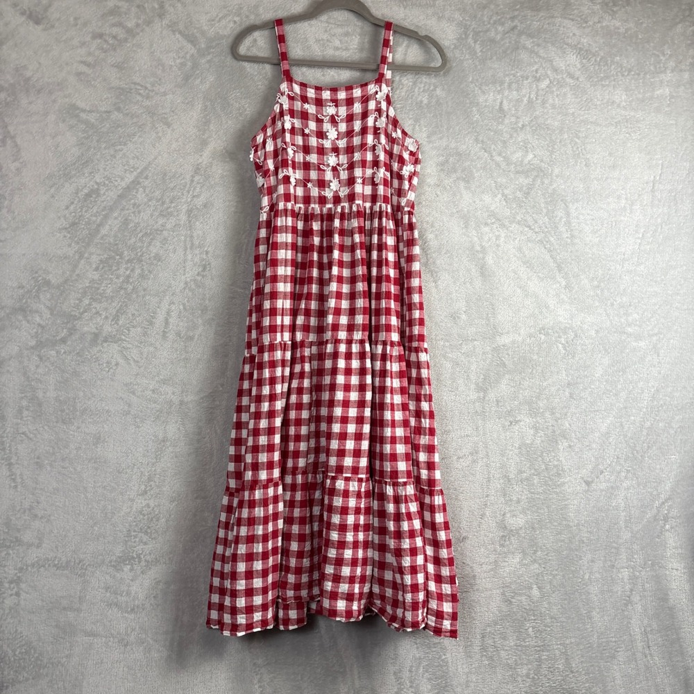 Rosemary & Paisley Red Gingham Floral Embroidered Tiered Midi Dress Womens M